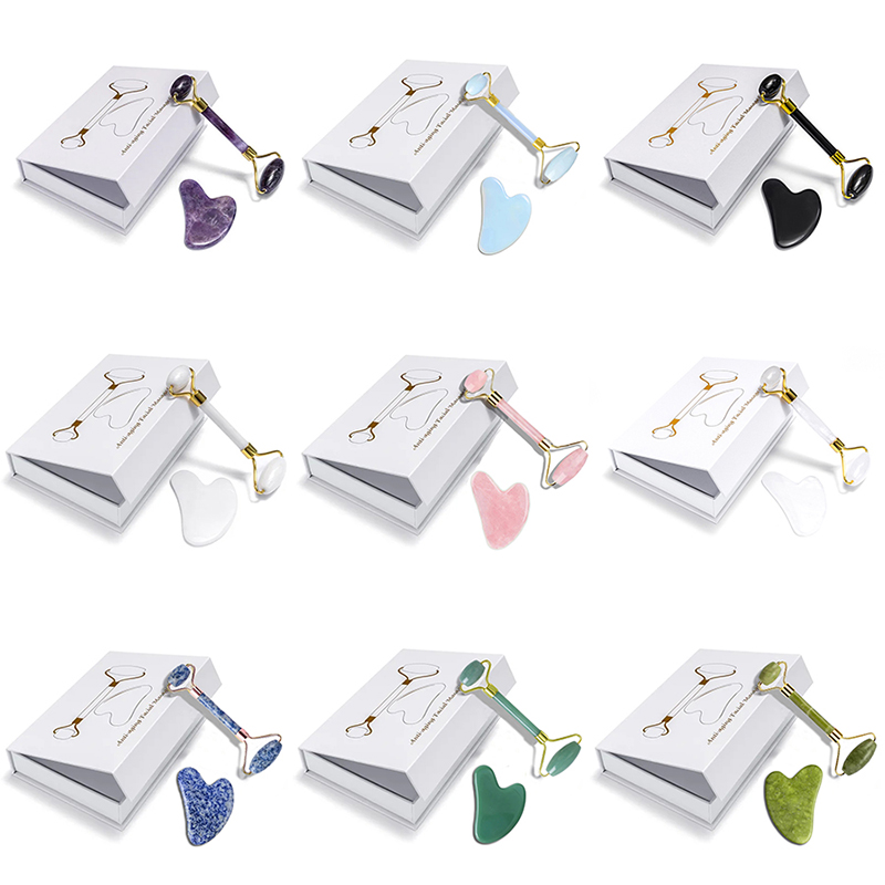 Jade Roller Gua Sha - Conjunto de Massageador Facial de Quartzo