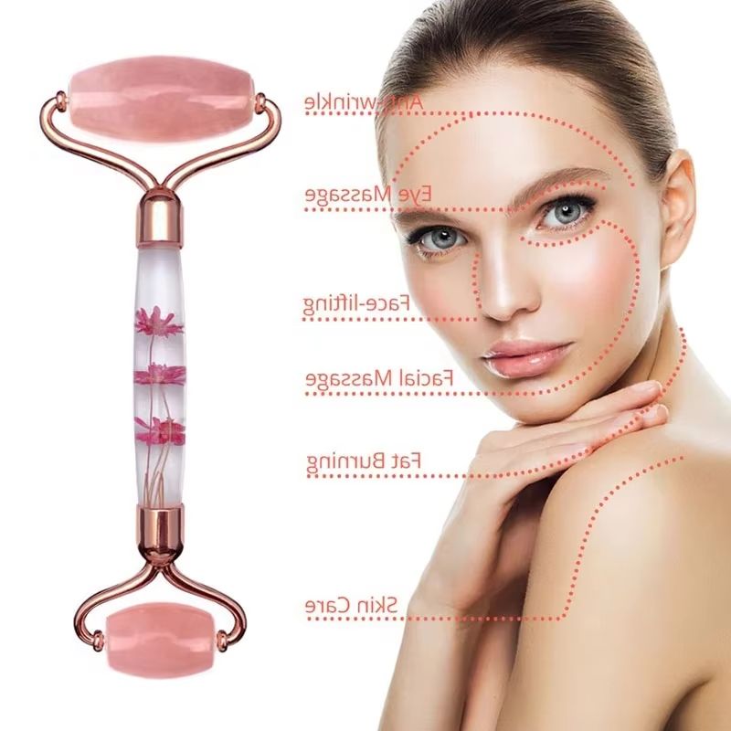 Jade Roller Gua Sha - Massageador Facial de Quartzo Rosa com
